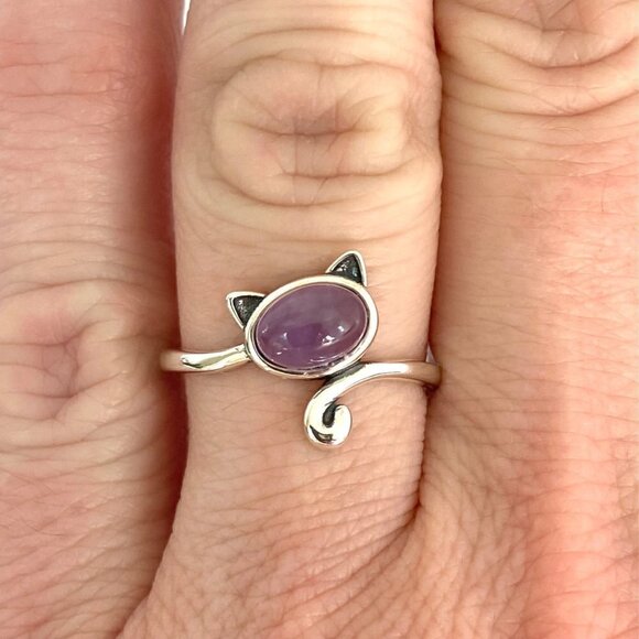 Sterling Silver 925 Oval Amethyst Cabochon Kitty Cat Band Ring Size 5 Cat Lover - Picture 2 of 16